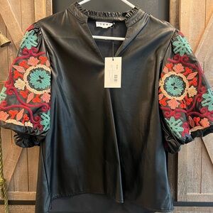THML Black Top with Colorful Embroidered Sleeves